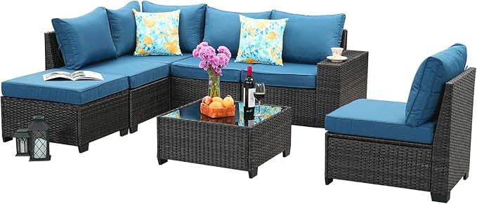 Jing's Villa 7-Piece Patio Furniture Set, All-Weather Outdoor Wicker Sectional Sofa with Cushions, Tempered Glass Table & Ottoman, Rattan Conversation Seating for Porch, Garden, Backyard,Peacock Blue