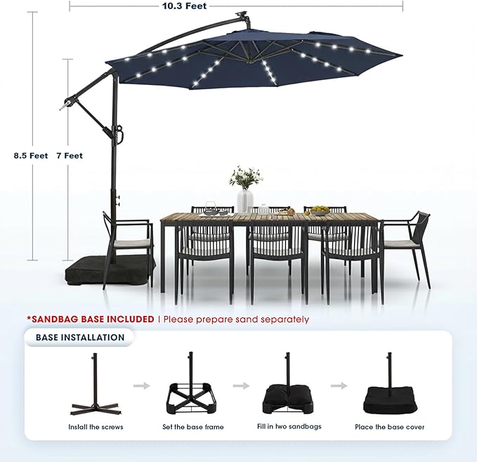 wikiwiki 10ft Solar LED Patio Umbrella with Base Included, Offset Umbrella with Weighted Sandbag Base, Cantilever Patio Umbrella for Backyard, Garden & Deck, 32 LED Lights & Polyester Shade, Navy Blue