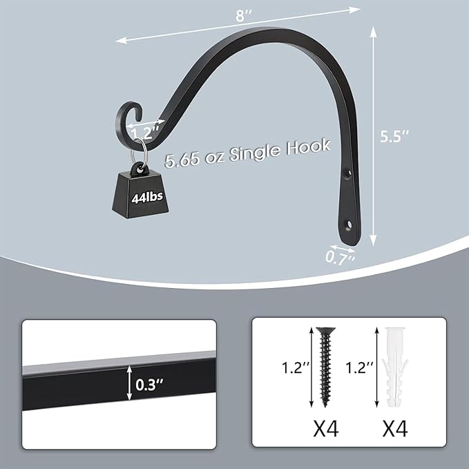 Gtongoko 2 Pack 8 Inch Plant Hangers Outdoor Metal, Plant Hooks for Wall Indoor, Outdoor Hooks for Hanging Bird Feeders, Plant Bracket, Lanterns, Wind Chinme, Black