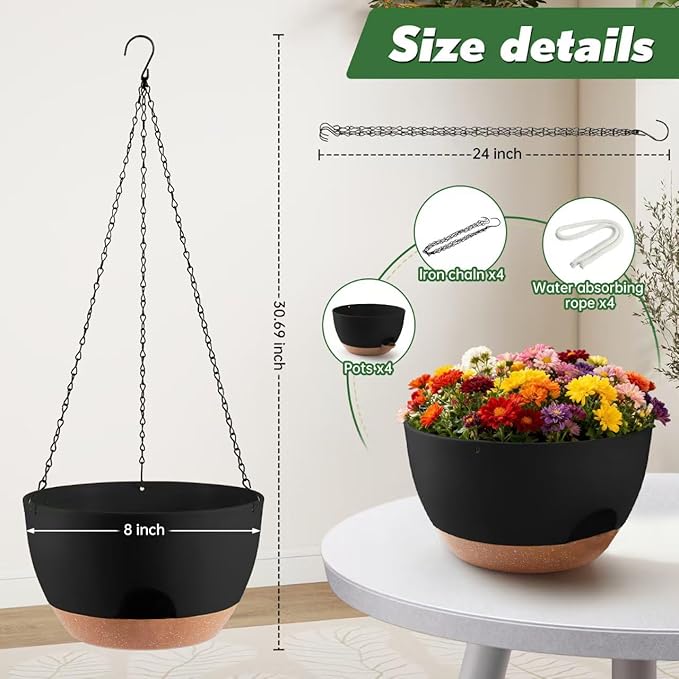 4-Piece Set of 8-Inch Hanging Planters with Automatic Watering System and Drip Tray, Includes Metal Chain, Suitable for Various Indoor and Outdoor Plants and Flowers, Black-Brown
