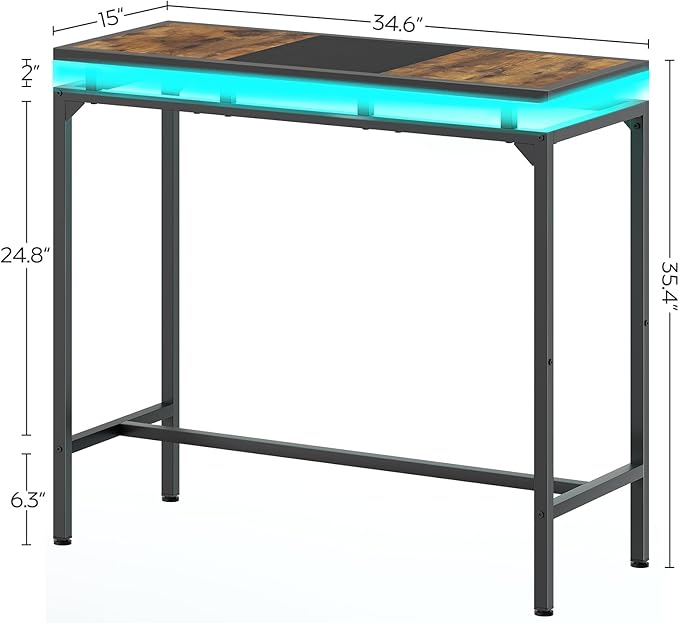 Bar Table with LED Lights, Counter Height Table, Bar Height Pub Table, Metal Frame, for Living Room, Dining Room, Pub, Black BT01DBK