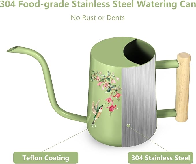 Watering Can Indoor Plants, 35oz Small Stainless Steel Metal Watering Can Modern Decorative Watering Pot with Long Spout for Indoor House Plant Bonsai Garden Flowers (Saga Green 1)