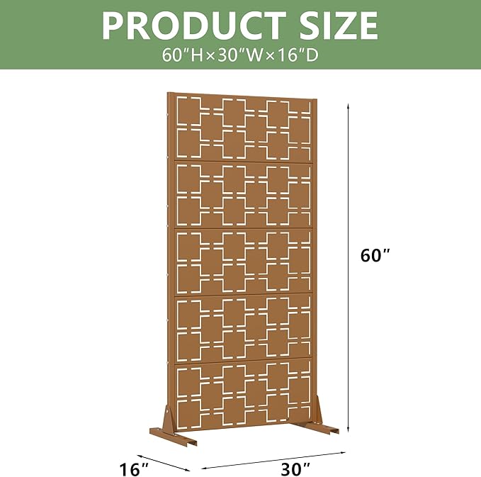 Casaphoria Metal Privacy Screen Outdoor, 60" H x 30" W Freestanding Decorative Privacy Screen for Patio Deck Balcony Garden with Stable Base, Brown-Square