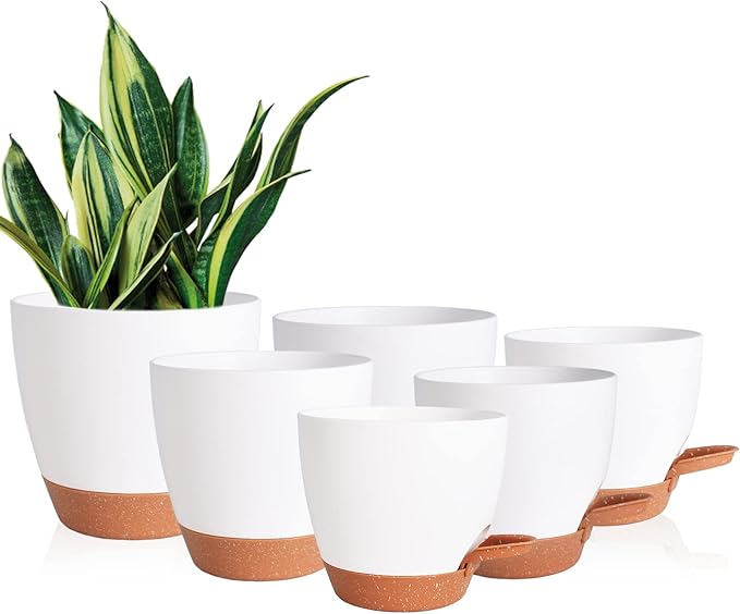 Flower Pots, 8/7/6.5/6/5.5/5 Inch Self Watering Planters for Indoor Outdoor Plants with Drainage Hole, Plastic Planters for House Plants(White)