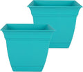 The HC Companies 12 Inch Eclipse Square Planter Pots with Drainage Holes & Attached Saucer, Lightweight UV-Resistant Plastic Indoor Outdoor Planters, 2-Pack Flower Pots for Garden & Home Decor, Teal