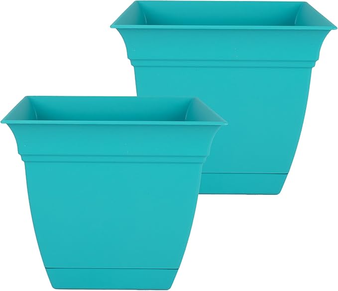 The HC Companies 10 Inch Eclipse Square Planter Pots with Drainage Holes & Attached Saucer, Lightweight UV-Resistant Plastic Indoor Outdoor Planters, 2-Pack Flower Pots for Garden & Home Decor, Teal