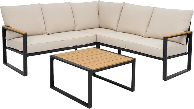 Metal Patio Furniture Set, 6 Pieces Outdoor Sectional Sofa Set with Side Table, L Shape Patio Conversation Set with Faux-Wood Tabletop, Outdoor Couch for Balcony, Porch, Backyard,Beige