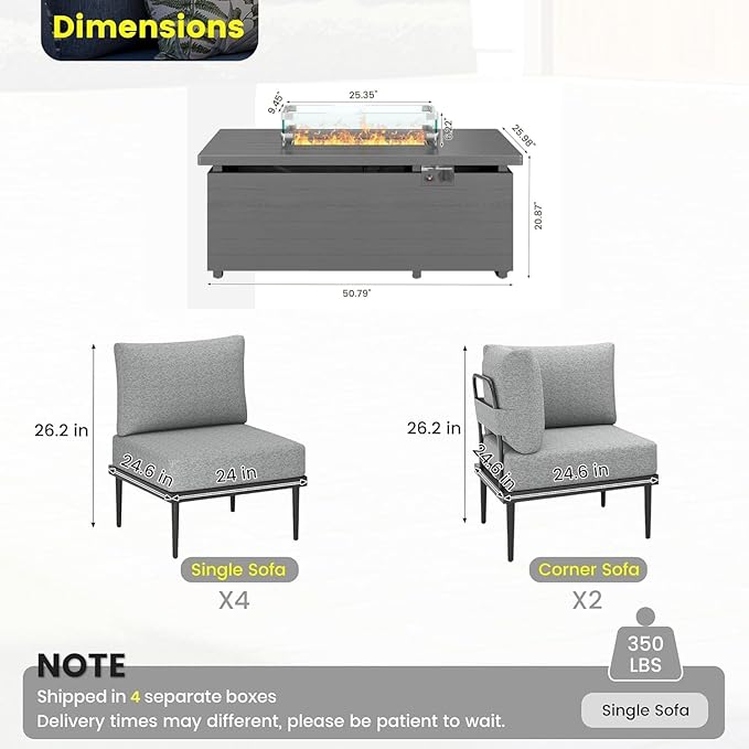 Sundale Outdoor 7 Pieces Patio Furniture Set with Fire Pit Table, L-Shaped Outdoor Sectional Sofa with 6 Inch Olefin Cushion, All-Weather Modern Metal Outdoor Conversation Sets