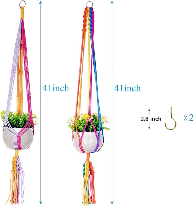 Rainbow Colorful Macrame Plant Hanger with 2 Hooks, Hanging Plant Holder Indoor Outdoor, Handmade Cotton Rope for Boho Room Decor Hanging Ceiling Decor，2 Pack