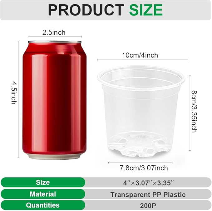 200 Pack 4 Inch Clear Plant pots with Drainage Holes, Transparent Nursery Seeding Pots, Flexile Seeds Starter Pots, Seeds Germination (4Inch,200P,Clear)