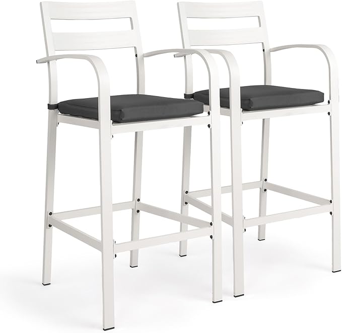 VINGLI Outdoor Bar Stools Set of 2, All-Weather Bar Height Aluminum Stools with 1.6" Thick Cushion, Rust-Proof Patio Chairs for Backyard, Poolside, Balcony & Kitchen Island (White)