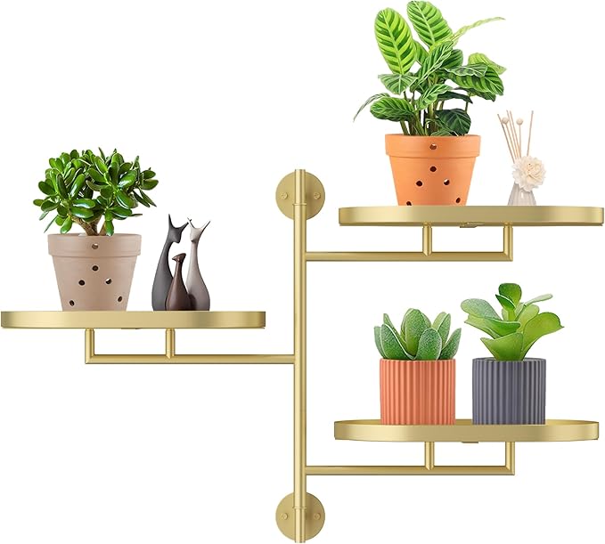 Rotating Window Wall Plant Shelves Stand Holder, 3 Tiered Metal Gold Floating Plant Shelf Hanger Indoor , Window Sill Gifts