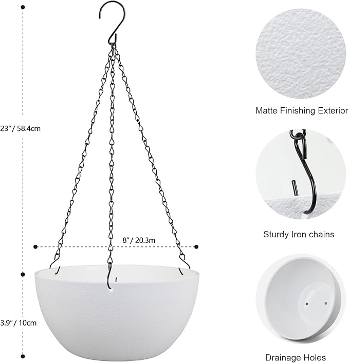 8 inch Small Hanging Planters for Indoor Outdoor Plants, 2 Pack Hanging Flower Pots with Drainage Holes and Chain for Garden Porch, Plastic Hanging Baskets for House Plants, White