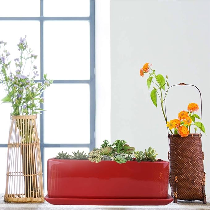 Vencer 14 Inch Rectangular Modern Minimalist Ceramic Succulent Planter Pot - Window Box with Saucer,Office Desktop Potted Stand,Red,VF-0173R