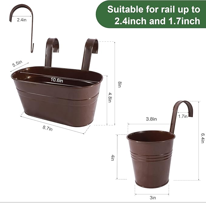 HowRU Metal Iron Flower Pots for Railing Fence Hanging Bucket Pots(5 Pcs) and Hanging Flower Pots Metal Iron Bucket Planter(10 Pcs) (Bronze)
