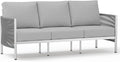 Aluminum Outdoor Patio Couch, 3 Seats HDPE Rope Patio Sofa with Washable Thick Cushion, All-Weather Patio Furniture for Balcony, Yard, Silver Frame, Silver