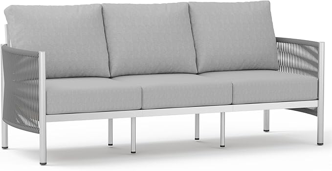 Aluminum Outdoor Patio Couch, 3 Seats HDPE Rope Patio Sofa with Washable Thick Cushion, All-Weather Patio Furniture for Balcony, Yard, Silver Frame, Silver