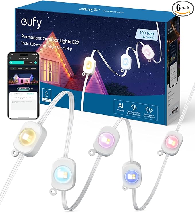 eufy Permanent Outdoor Lights E22, 100ft with 60 Triple-LED Lights, Smart RGBWW for Christmas, Daily and Holiday, Up to IP67 Waterproof, AI Light Themes for Christmas Decorations, Works with eufy Cams