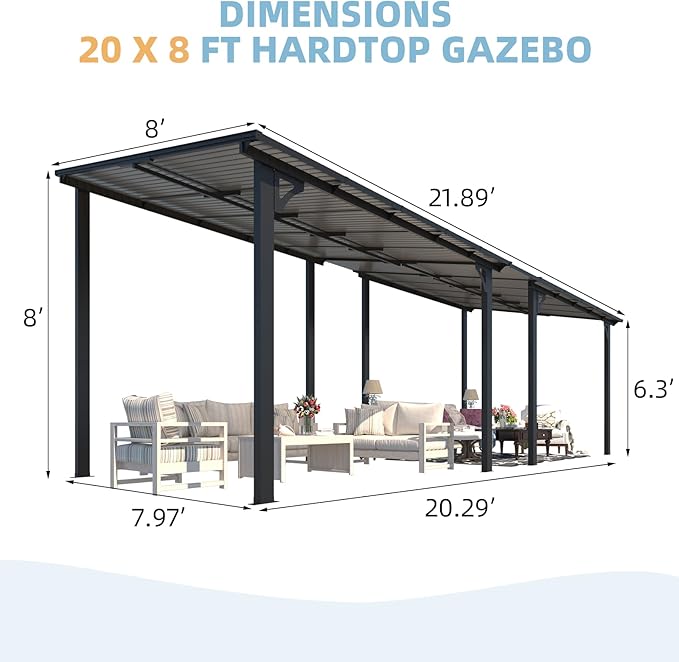 AECOJOY 22' x 8' Gazebo for Patio, Large Wall-Mounted Hard Top Lean-to Gazebo Pergola with Roof 8' x 22' on Clearance, Heavy Duty Patio Awnings for Decks, Backyard