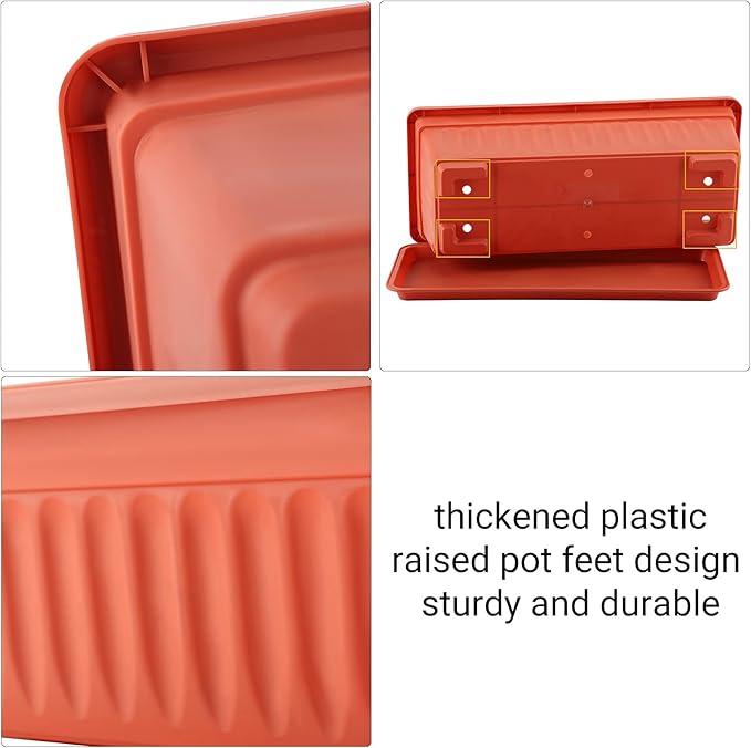 GREANER Long Planters for Outdoor Plants, 3 Pack 16.9x7.48 Inch Flower Windowsill Plastic Countryside Vegetable Box Pot with Tray for Plant Growing DIY in Garden, Balcony, Houses - Red