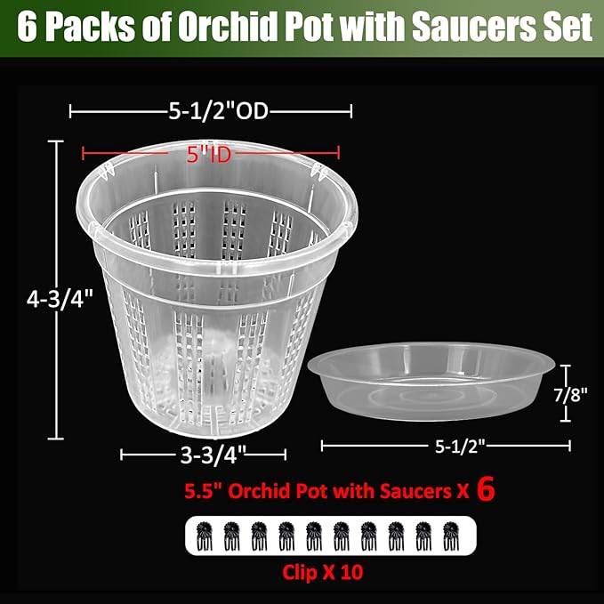 Orchid Pot with Saucers, 6 Packs of 5.5" Orchid Pots with Holes, Orchid Pots for Repotting, Plastic Orchid Planter for Indoor Outdoor Plants (6 Packs, 5.5" with Saucers)