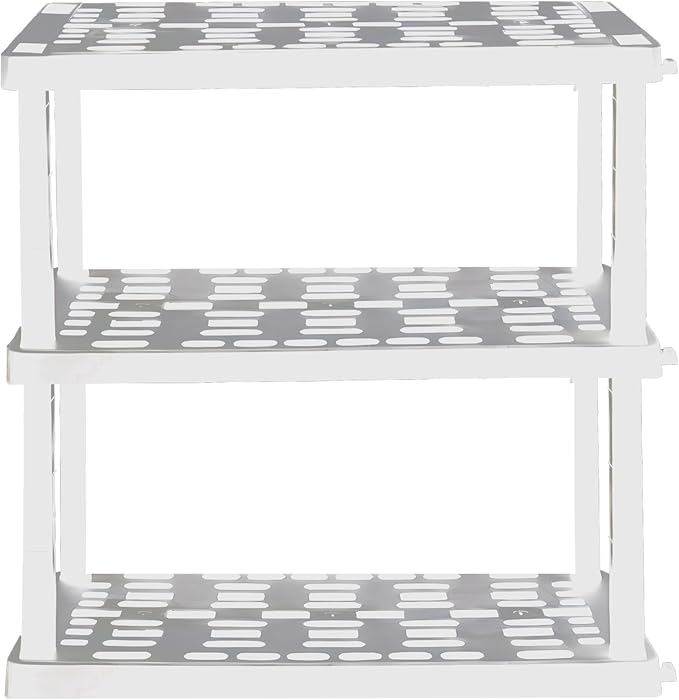 Oskar Heavy Duty Plastic Storage Shelves- for Garage, Kitchen, Bathroom Basement Kids Room, Stackable 3-Tier White, Organizer Rack for Books Shoes, Toys, Pantry, Cleaning and Closet Organization