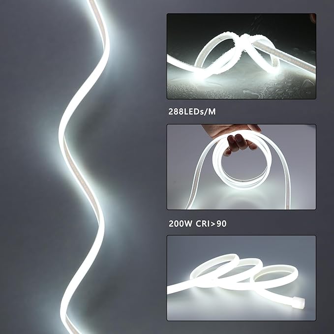 AC 110V COB LED Strip Lights Outdoor Waterproof 65.6ft, 6000K Cool White Super Bright 200W CRI 90+ LED Rope Light, IP65 Flexible Cuttable, for Bedroom Garden Commercial House