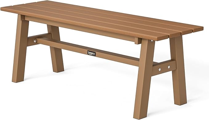 VINGLI 47” Outdoor Bench Garden Bench HDPE Porch Bench w/Metal Legs, Poly Lumber Patio Bench, 660 LBS Capacity Outdoor Backless Bench(Teak)