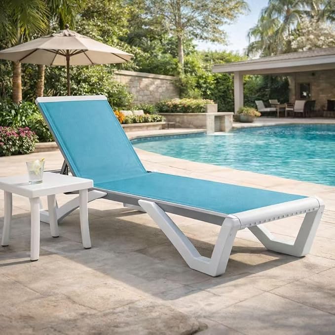 Kozyard Outdoor Chaise Lounge Chair, Full Flat Adjustable Patio Lounger with Aluminum Frame & Resin Legs, Textilene Fabric for Poolside, Backyard & Beach (Aqua/WhiteFrame, Chair + Table)