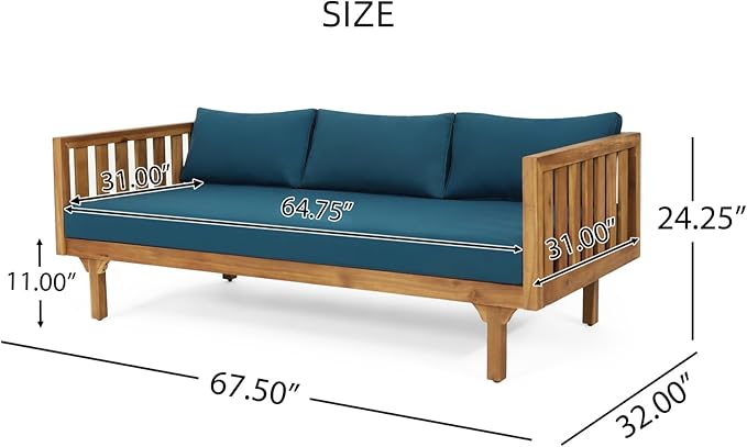 Merax Outdoor 3 Seater Daybed, Acacia Wood Day Bed Couch Sofa with Cushions for Patio Backyard, Garden, Blue
