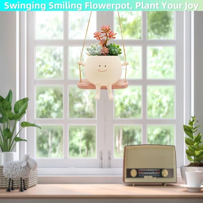 Swing Face Hanging Planter Pot with Drainage Hole - Resin Smiley Flower Pot for Indoor/Outdoor, Pearl Plants & Succulents, for Mothers, Holiday Décor