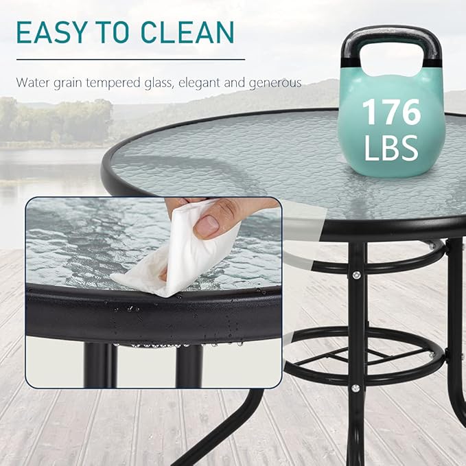 32in Outdoor Table Patio Dining Table Outdoor Dining Table with Umbrella Hole Round Tempered Glass for Yard Bistro Lawn Balcony
