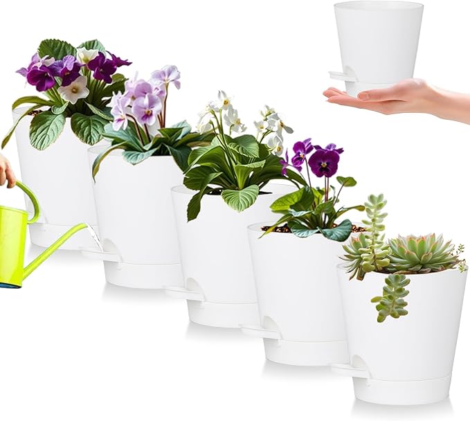 5 Pack 5 inch Self-Watering Pots, African Violets Planter with Drainage Holes and Reservoir, White Plastic Planter for Indoor Outdoor Plants Flowers and Houseplants White, 5 inch 5 pcs