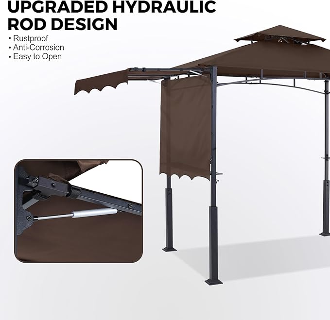 ABCCANOPY Grill Gazebo with 2 Side Awnings - 14x5 Outdoor BBQ Canopy Shelter with 2 Led Lights for Patio Backyard Grilling (Brown)