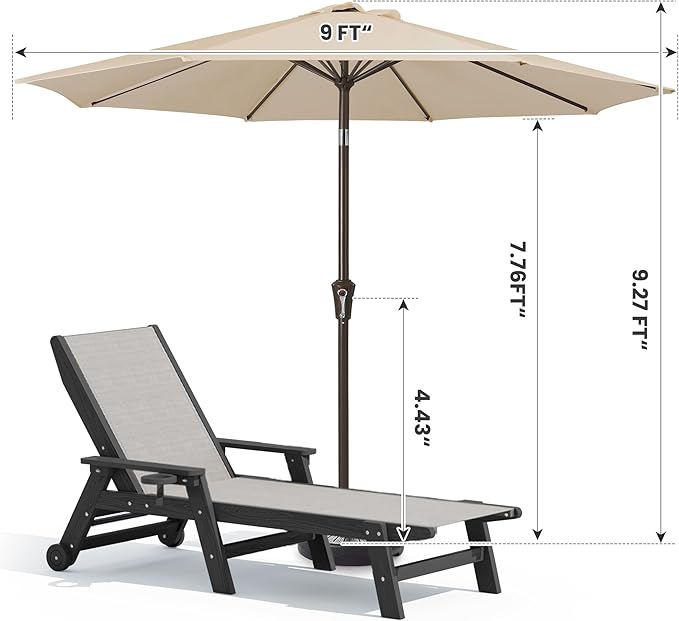 SERWALL Textilene Patio Chaise Lounge Chair Set of 2 with 9FT Patio Umbrella, 5 Positions Outdoor Lounger with Rolling Wheels for Pool, Deck, Black (Umbreall Base not Included)