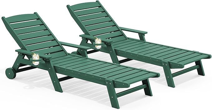 SERWALL Patio Chaise Lounge Chair Set of 2, 78'' Long 5-Positions Adjustable HDPE Outdoor Lounger for Pool, Poly Lounge Chair with Rolling Wheels & Cup Holder for Poolside, Deck, Dark Green