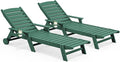 SERWALL Patio Chaise Lounge Chair Set of 2, 78'' Long 5-Positions Adjustable HDPE Outdoor Lounger for Pool, Poly Lounge Chair with Rolling Wheels & Cup Holder for Poolside, Deck, Dark Green