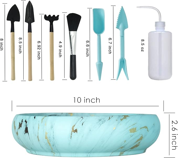Succulent Pots, 10 Inch Large Succulent Planter Pots with Drainage - Ceramic Marble Bonsai Pot with Stand Shallow Planter for Cactus Flower Plants Plus Succulent Planting Tools Set & 2.2lb Mix Pebbles