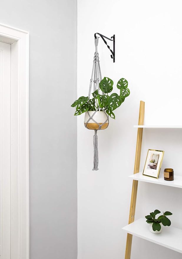 Mkono Macrame Plant Hangers Indoor Outdoor Hanging Planter Basket Cotton Rope 4 Legs 41 Inch, 1 Pack, Grey