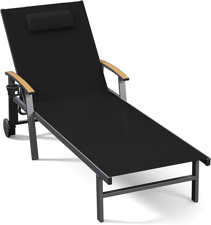 Ciokea Outdoor Lounge Chair with Pillow, 5-Position Aluminum Chaise Lounge with Wheels & Armrests, 400 lbs Heavy Duty Patio Pool Chair for Deck, Backyard, Beach & Poolside, Black