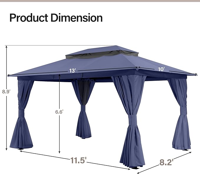 LAUSAINT HOME Semi-Permanent Outdoor Patio Gazebo 10'x13', Heavy Duty Party Tent Shelter with Double Roofs, Mosquito Nettings and Privacy Screens for Backyard, Garden, Lawn, Navy Blue