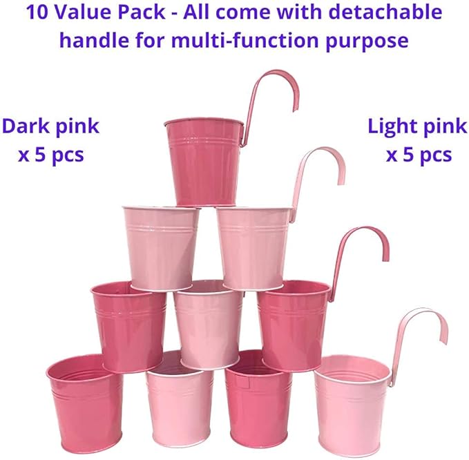 LaLaGreen Railing Planters Outdoor -10 Pack, 4 Inch Metal Hanging Flower Bucket, Small Pink Plant Pot Succulent Indoor Patio Fence Planter Box Balcony Garden Wall Decor Rail Deck Macetas Decorativas