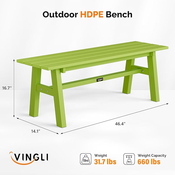 VINGLI 47” Outdoor Bench Garden Bench HDPE Porch Bench w/Metal Legs, Poly Lumber Patio Bench, 660 LBS Capacity Outdoor Backless Bench(Green)