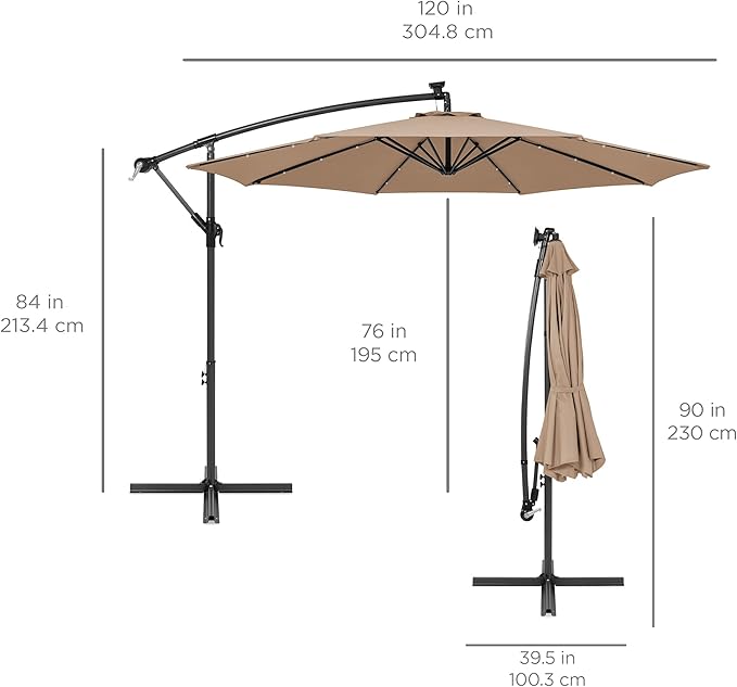 Best Choice Products 10ft Solar LED Offset Cantilever Hanging Market Patio Umbrella, 8 Sturdy Ribs, Easy Adjustment - Tan