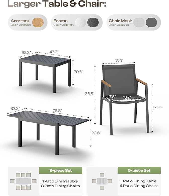 Expandable Outdoor Patio Dining Table Set for 6-8 Person, Aluminum Outdoor Table and 8 Chairs with Textilene Fabric & HDPS Armrest, All-Weather Patio Furniture Set for Yard, Deck, Gray