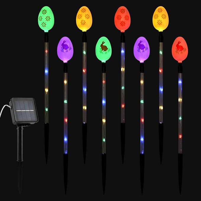 8 PCS Solar Easter Eggs Stake Lights, IP65 Waterproof Multicolor Outdoor Easter Pathway Lights Auto On/Off Solar Stake Light for Lawn Landscape Yard Patio Decorations