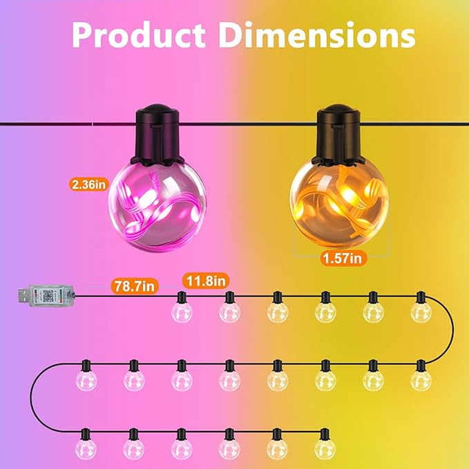 Outdoor String Lights, 25ft 20 Bulbs LED Color Changing Hanging Lights Dimmable with 220+ Scene Modes,App Control, Globe Bulb Waterproof for Outdoor Indoor Patio Backyard Balcony Garden Decor