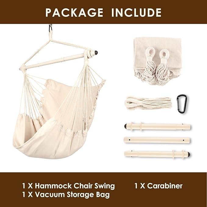Highwild Hammock Chair Hanging Rope Swing - Max 500 Lbs - Steel Spreader Bar with Anti-Slip Rings - for Any Indoor or Outdoor Spaces (Beige)