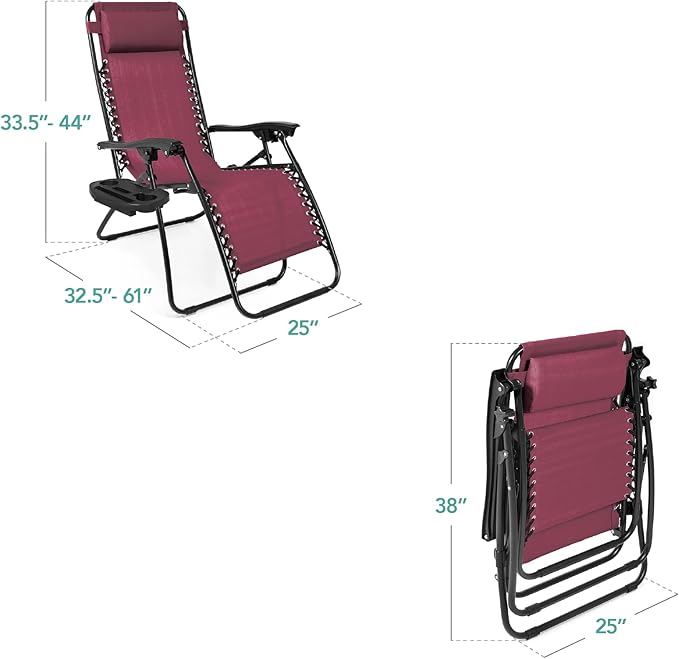 Best Choice Products Set of 2 Adjustable Steel Mesh Zero Gravity Lounge Chair Recliners w/Pillows and Cup Holder Trays - Burgundy