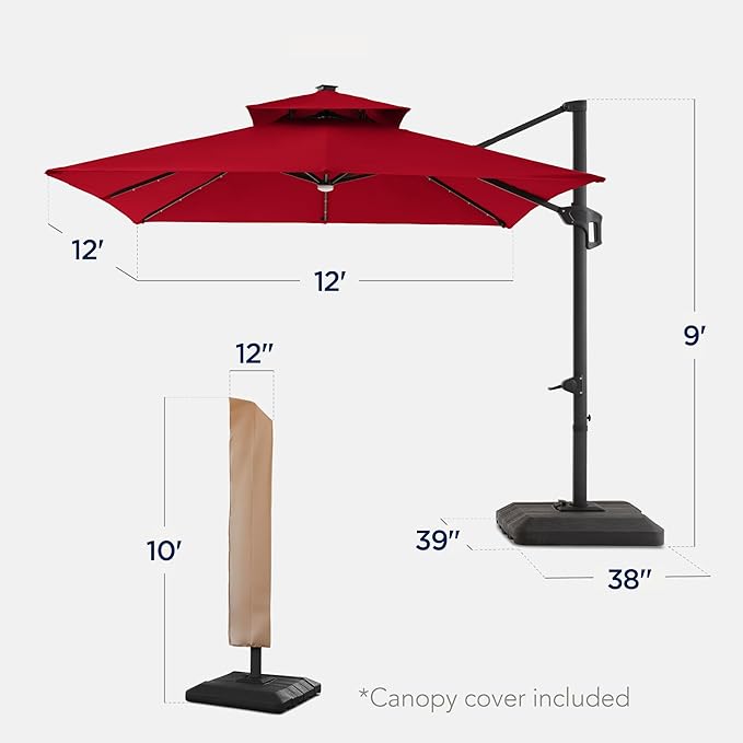 Best Choice Products 12x12ft LED Cantilever Patio Umbrella w/Base Included & 360° Rotation, Large Solar Offset Hanging Outdoor Sun Shade for Deck, Backyard Table w/Stand & Lights – Red